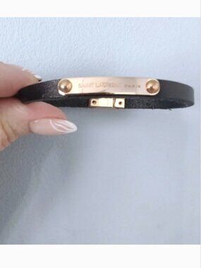 Yves Saint Laurent leather bracelet gold-tone plaque full set dust bag box EUC